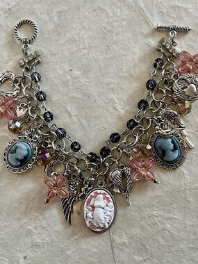 Angel & Cameo Charm Bracelet Pink Gray Jet Crystals